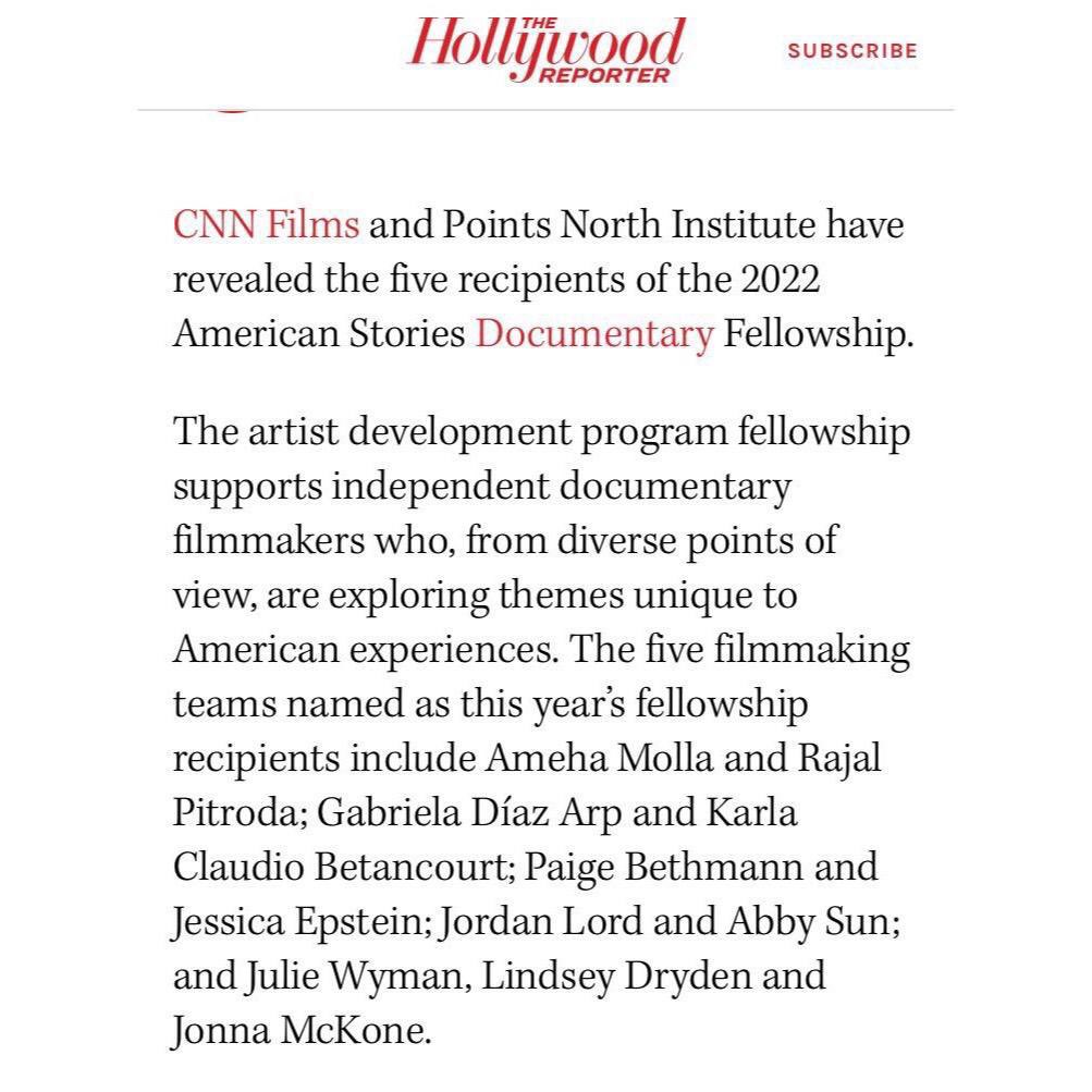 We’re thrilled for director <a href="/juliewyman/">onteejoowee</a> and producers @jonnamckone and <a href="/Lindsey_Dryden/">Lindsey Dryden 🏳️‍🌈</a> on Untitled Dwarfism Project being selected for the American Stories Doc Fellowship by <a href="/CNN/">CNN</a> Films + Points North Institute! Congrats to all the other fellows 💫 <a href="/camdeniff/">CIFF</a> @hollywoodreporter