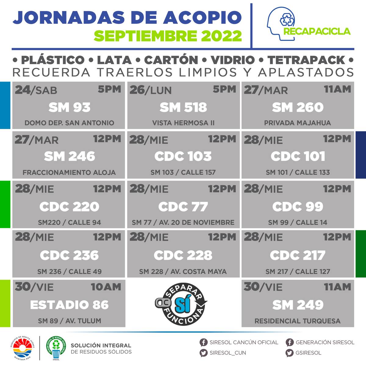 GSiresol's tweet photo. Les compartimos el calendario de Jornadas de Acopio para el mes de SEPTIEMBRE. Localiza la ubicación más cercana a ti, y no pierdas la oportunidad de participar con tus residuos previamente limpios y aplastados. #SepararSíFunciona #Recapacicla https://t.co/WjJ5Ck6po1
