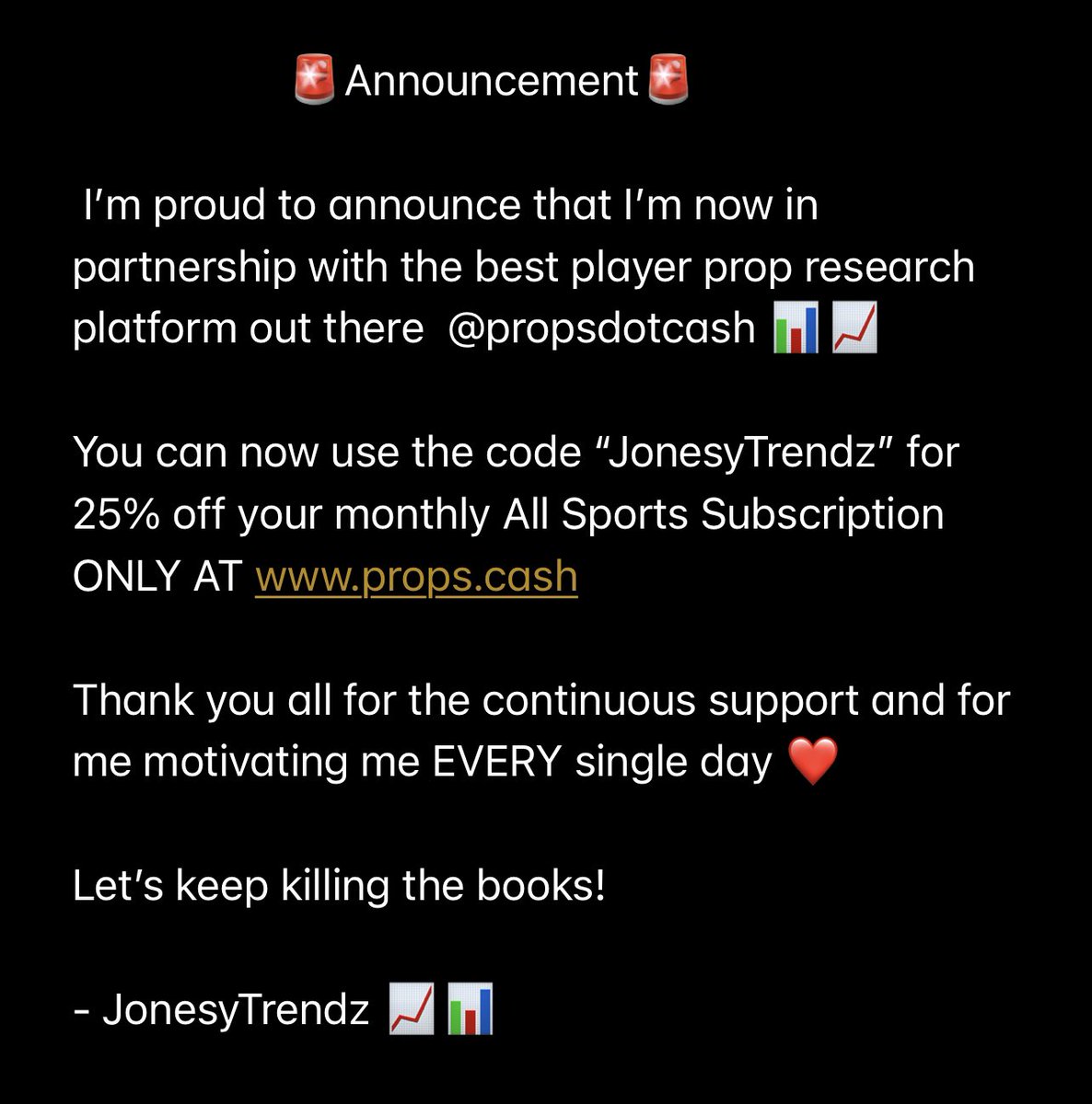 JonesyTrendz's tweet photo. 🚨⬇️ ANNOUNCEMENT ⬇️🚨

I’m beyond blessed to be in this position 🙏🏽 

Thank you everybody for always supporting me and motivating me EVERY single day ❤️ 

LETS RIDE ‼️🚀 

#GamblingTwitter #PlayerProps #MLB #NBA #NFL https://t.co/6YKj8qqun8