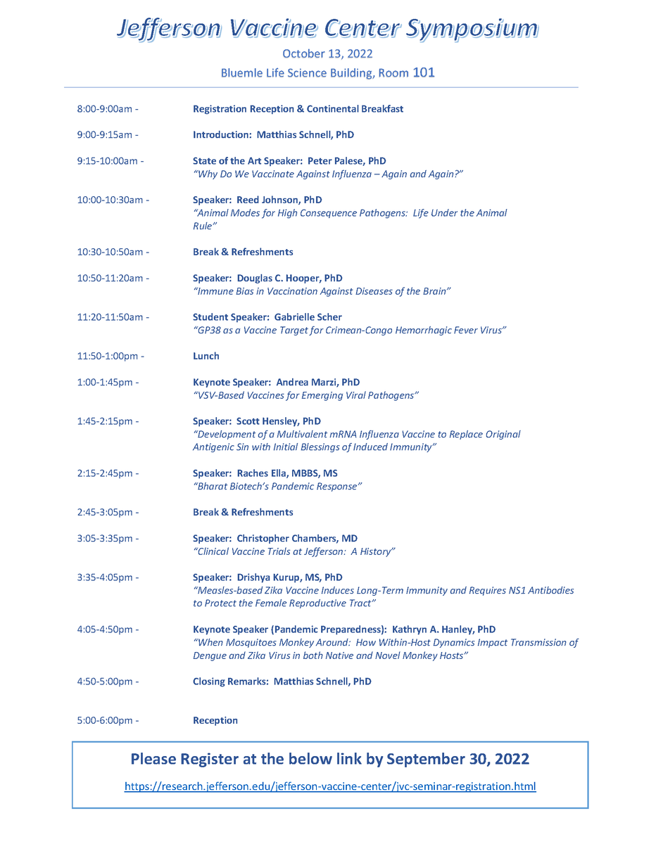 Please join us for a fantastic line-up of speakers at the Jefferson Vaccine Center annual symposium.  Please register to attend virtually or in-person!