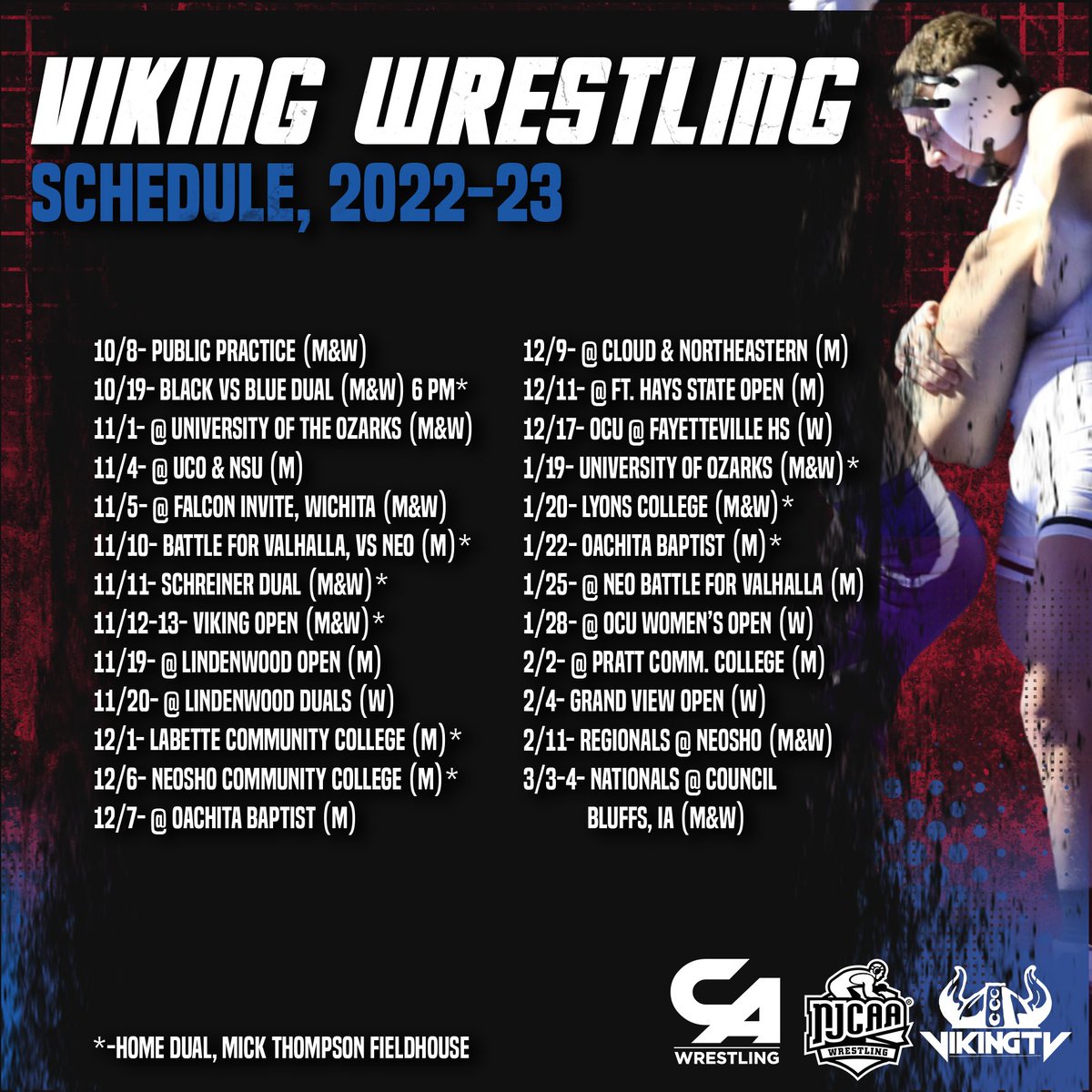 Nothing gets us as excited as the schedule drop! Without further ado, here is our 2022-23 Viking Men's and Women's Wrestling Schedule! Times will be announced as we get closer to the date. Lots of opportunities to watch your Vikings at home this year! #vikingstyle @o__wrestle
