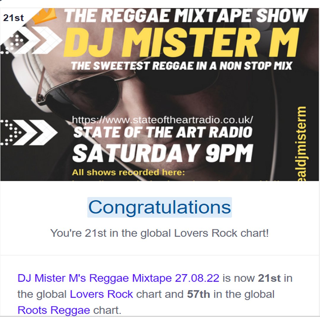 <a href="/IrieAwards/">IrieAwards</a> Massive thanks for all your support 

Our Reggae mix on State Of The Art Radio is now 21st in the global Lovers Rock chart and 57th in the global Roots Reggae chart.

Please take a listen:
mixcloud.com/maurice-menghi…
 
Please like, share &amp; retweet

One Love
DJ Mister M