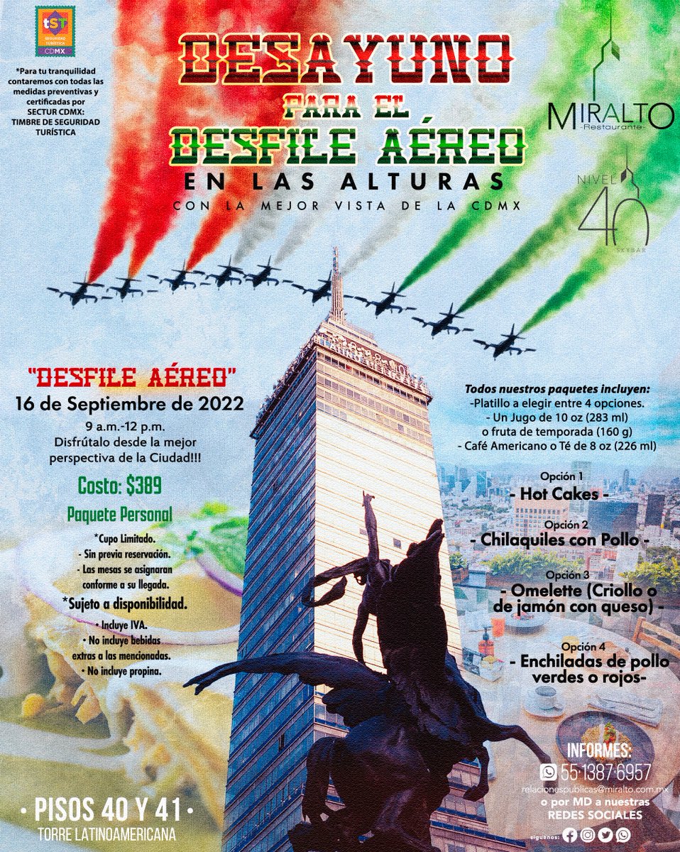 Nivel40SkyBar's tweet photo. ❝Este #16deSeptiembre disfruten de un INOLVIDABLE #Desayuno para el #DesfileAéreo 🇲🇽✈️🛩🚁🇲🇽 #EnLasAlturas con #LaMejorVista de la #ciudaddemexico!❞
16 de Septiembre de 2022 de 9 am a 12 pm
Disfrútalo desde LA MEJOR PERSPECTIVA de la CDMX🔝🏔🗼y #LaMejorVistaDeLaCiudad🗻😍🤩 https://t.co/nSYgG0J7Gw