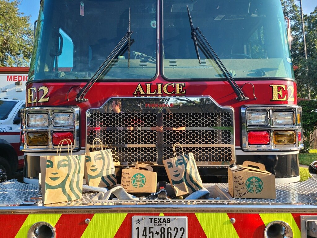 Thank you to the Alice Starbucks for providing coffee to our firefighters today! #cityofice