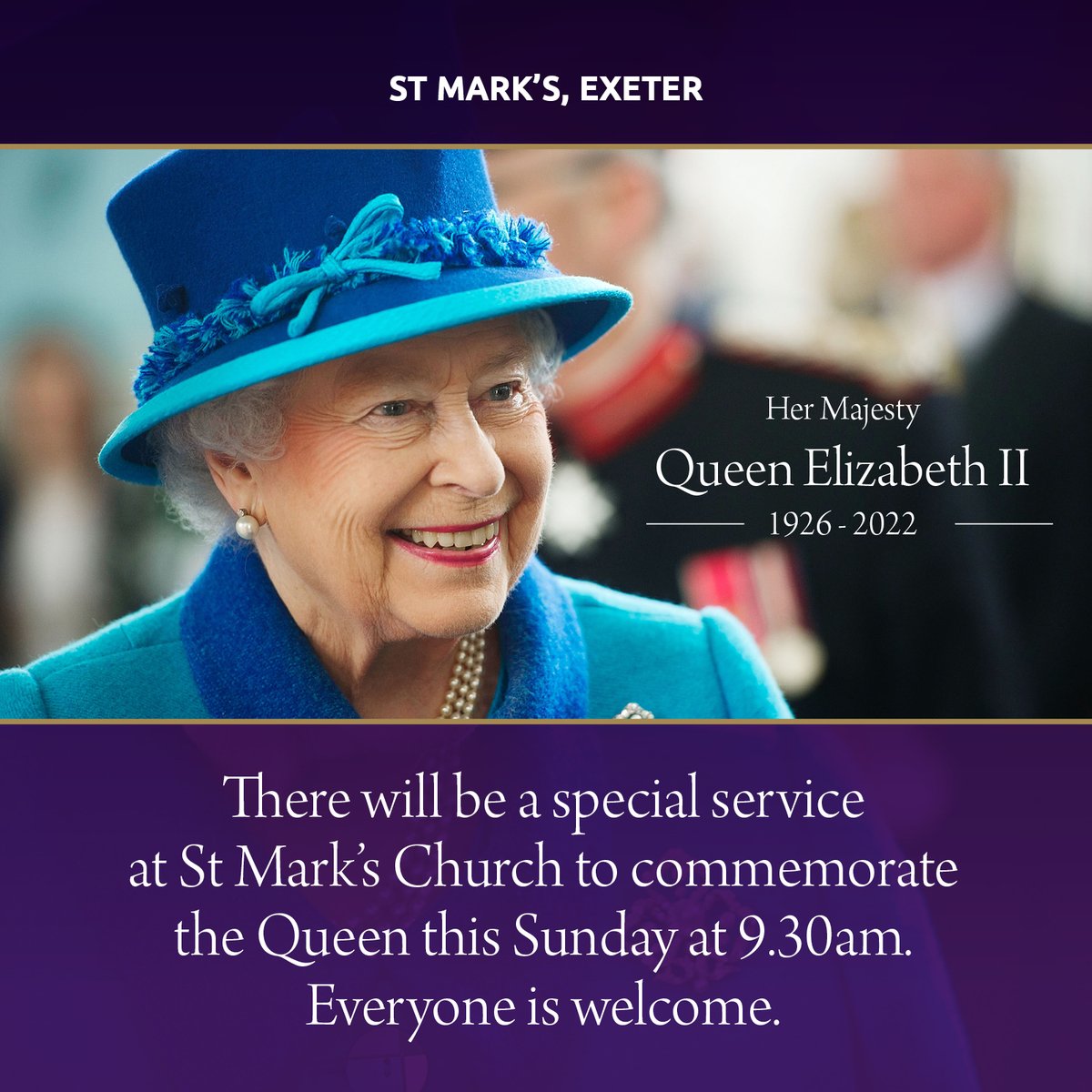 StMarksExeter's tweet photo. There will be a special service at St Mark’s Church to commemorate the Queen this Sunday at 9.30am. Everyone is welcome. https://t.co/NlfgnzliLK