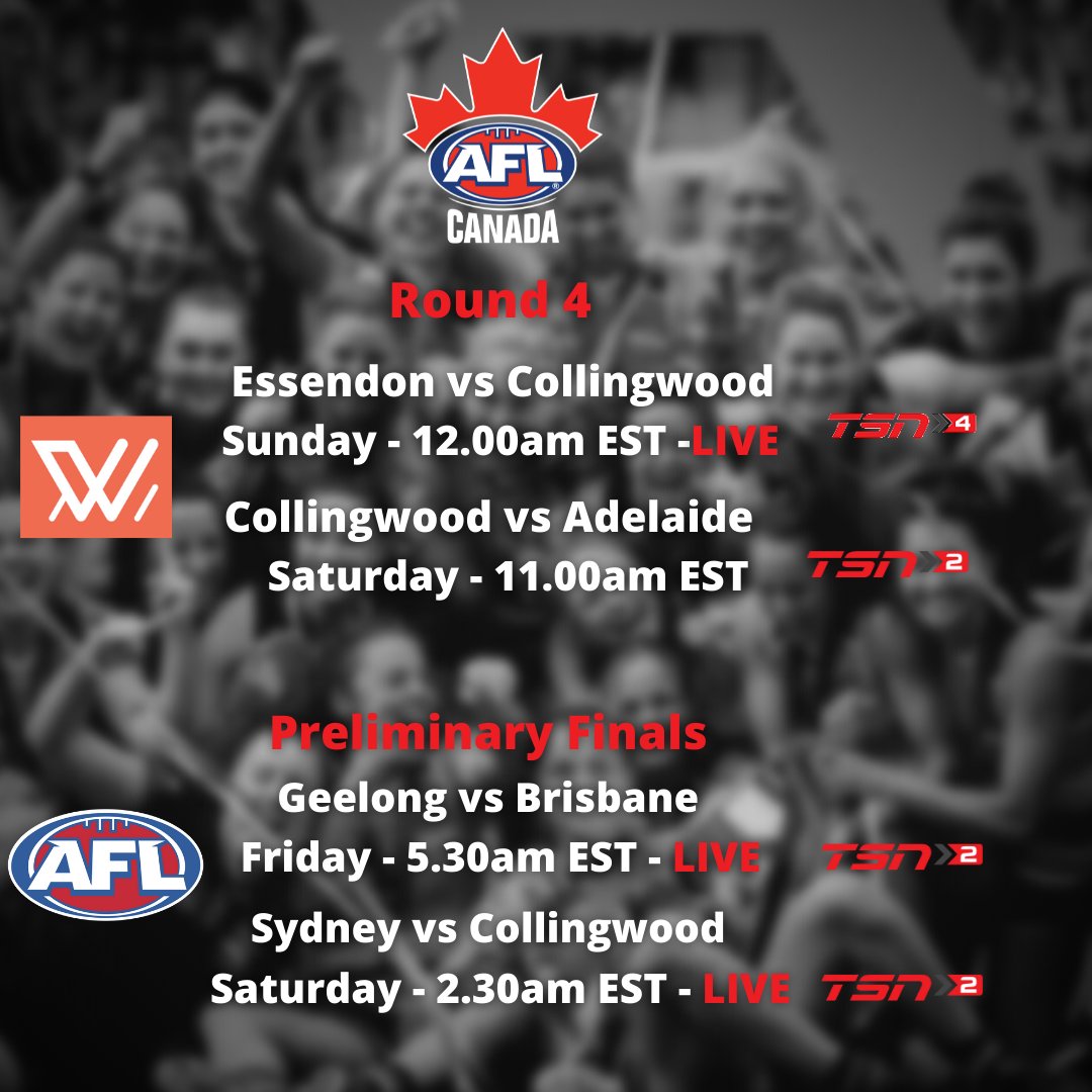 Stacks of Footy via <a href="/TSN_Sports/">TSN</a> this weekend.

Preliminary Finals in the mens comp - who ya got?

🐱 v 🦁?
🦢 v 🐧?

#joinaflcanada