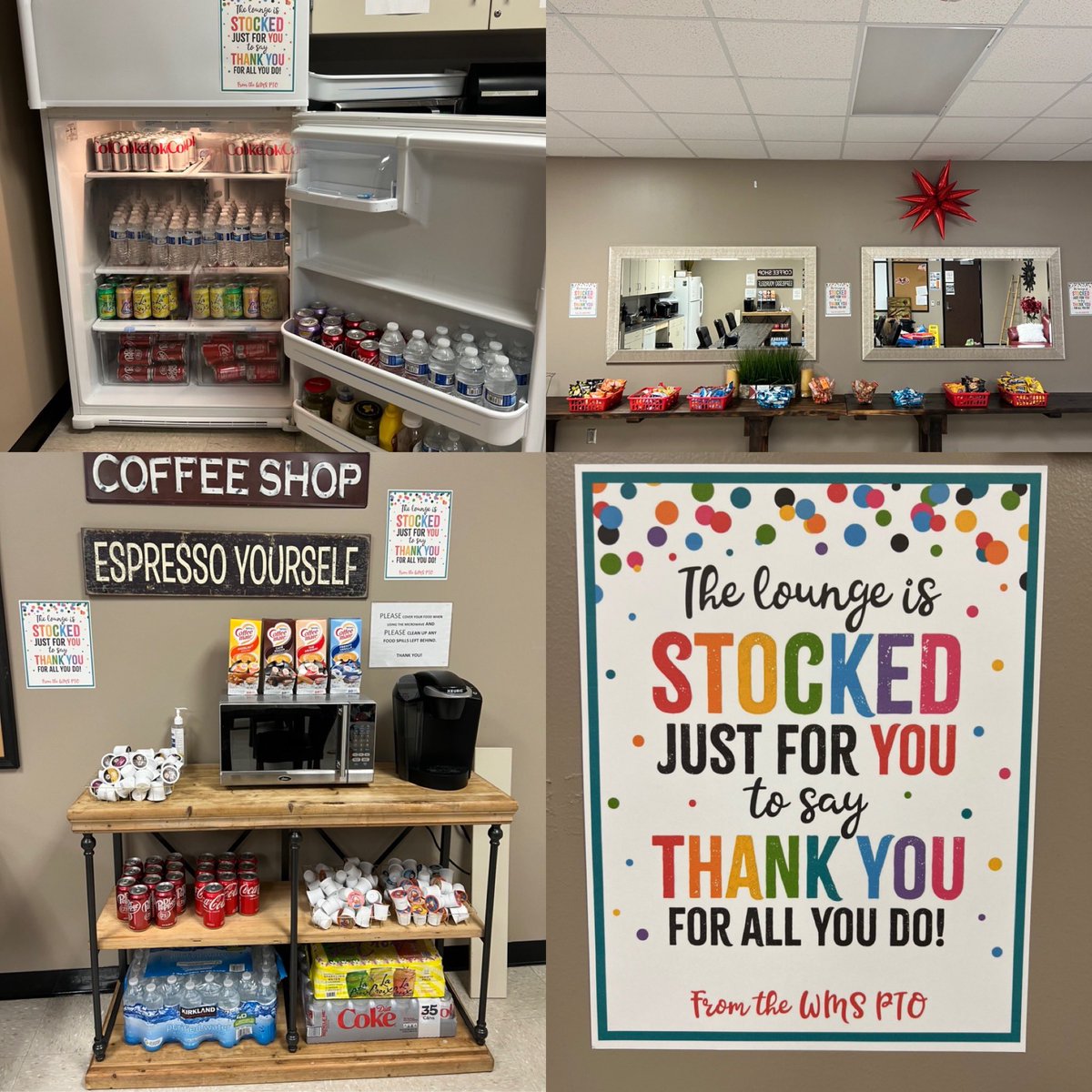 Sending out gratitude to all of our WMS families that provided donations for our “Snacktember” Stock the Teacher Lounge initiative. With your help, the PTO donated a new Keurig coffee machine, assorted coffee pods, beverages and snack items. #BeEliteWMS