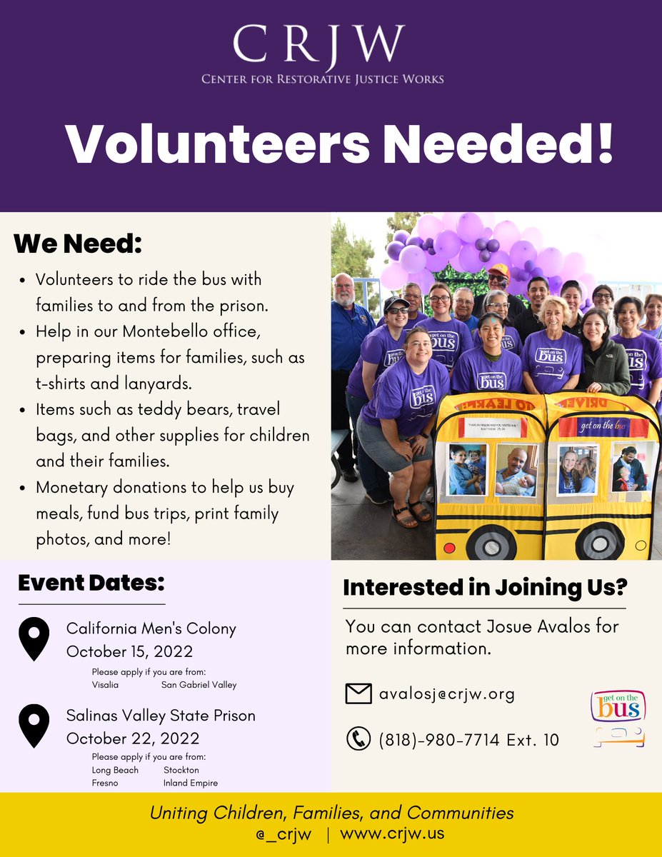 GOTB is back! We’re looking for volunteers to help us with our upcoming Get on the Bus trips to two different prisons. Interested in volunteering? Contact Josue Avalos at avalosj@crjw.org or (818) 980-7714 Ext. 10