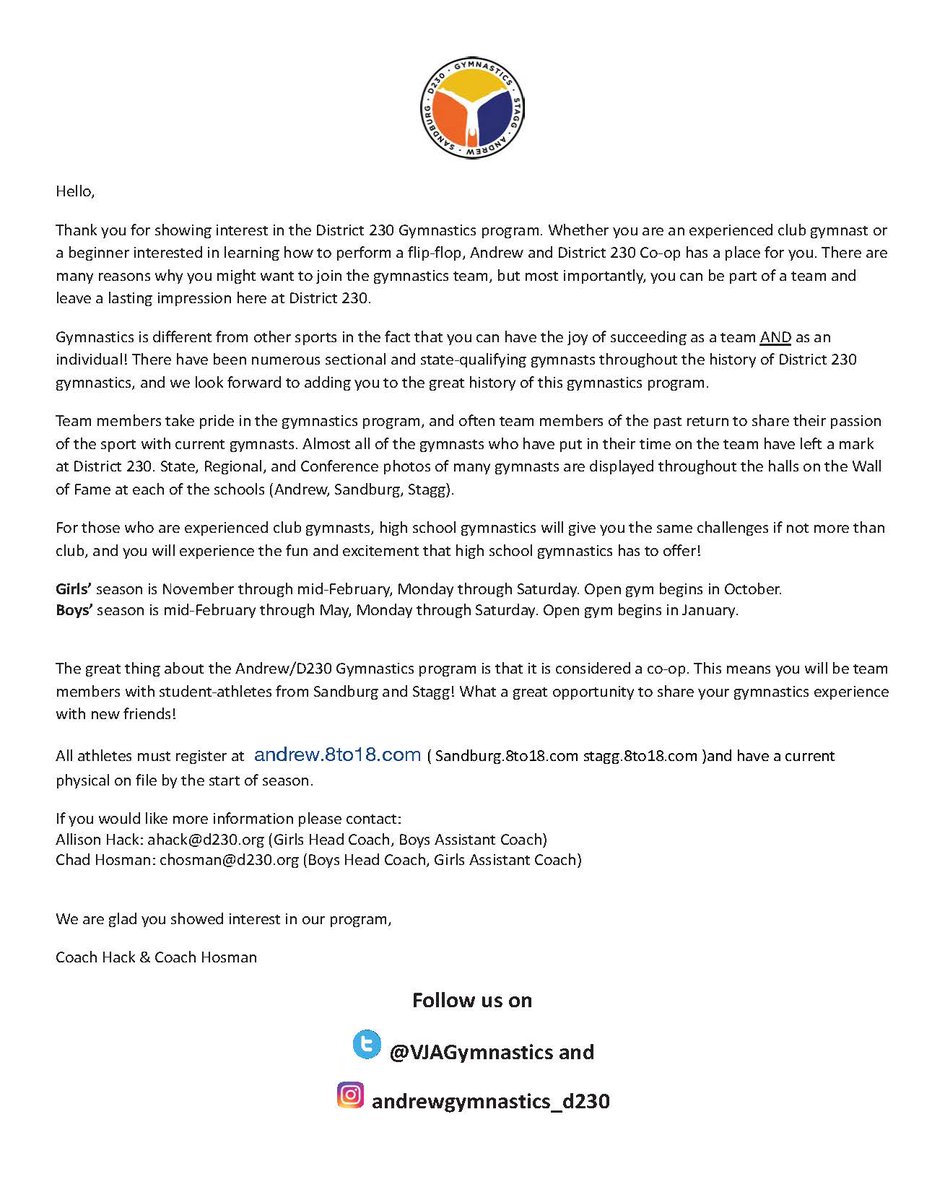 INFORMATION FOR THE <a href="/VJAGymnastics/">D230 Gymnastics</a> Program

<a href="/StaggAthletics/">StaggAthletics</a> <a href="/EaglesAthletics/">Sandburg Athletics</a>