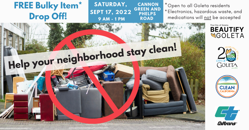 CityOfGoleta's tweet photo. Do you have bulky household items you need to get rid of? This Saturday, Sep. 17 is your chance. As part of #CoastalCleanupDay, the City’s #BeautifyGoleta program is hosting its 4th and last Bulky Item Collection Event 9AM–1PM at Cannon Green Dr & Phelps Rd. #cityofgoletagoleta https://t.co/ZGGpoEE7zJ