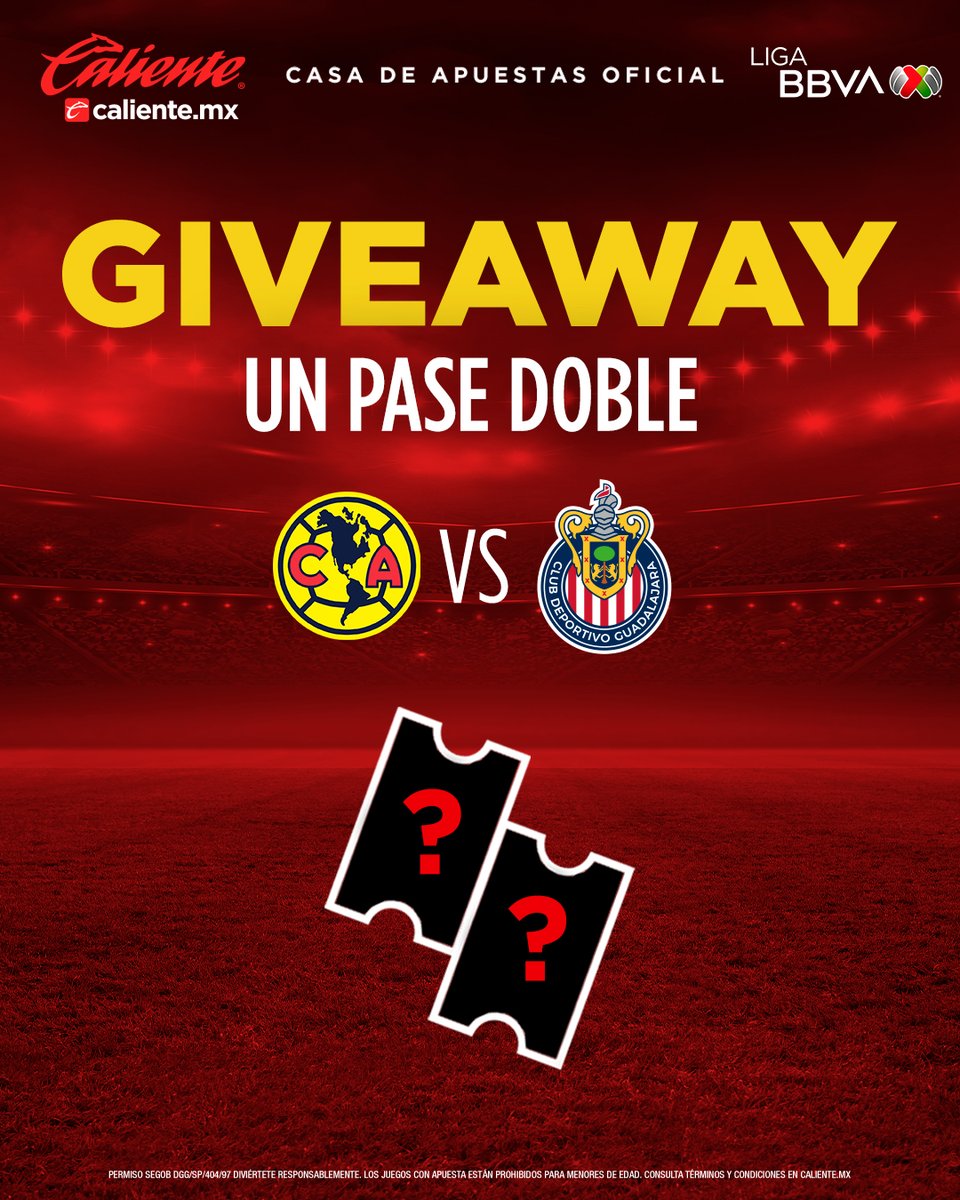 ClubAmerica's tweet photo. 🚨🦅GIVEAWAY AGUILA🦅🚨
 
¡Participa por UN PASE DOBLE junto a @calientesports para asistir al #ClásicoNacional! Sigue los pasos y estarás participando 🏟🎟🎟
 
1️⃣Dale RT y ❤️
2️⃣Sigue a @calientesports en TW e IG📲 https://t.co/Skyrpfp5TH
3️⃣Comenta el HT #MásAcciónMásDiversión🔥 https://t.co/RWMl5TZRMH