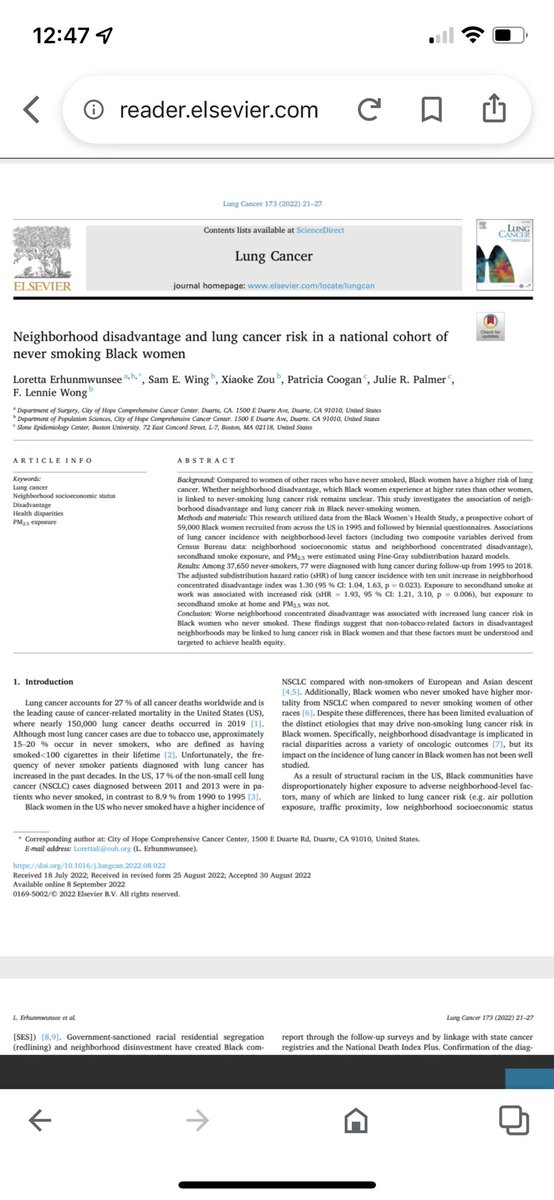 Excited to share our paper focused on the risk of lung cancer in never-smoking Black women. Thanks for the partnership Black Women’s Health Study! urldefense.com/v3/__https:/au…$