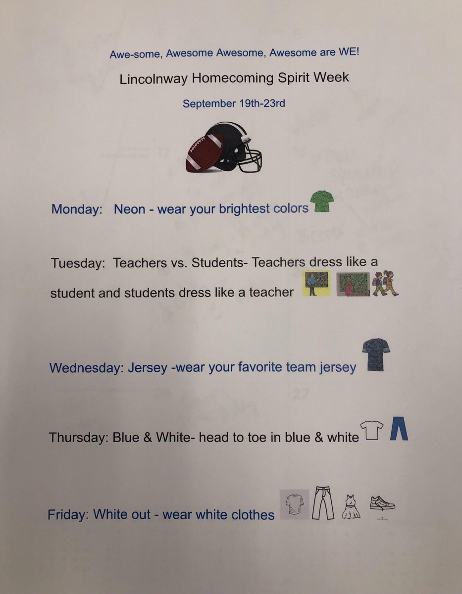LWYReading's tweet photo. Lincolnway’s homecoming spirit days! https://t.co/Q99jDfvcBa
