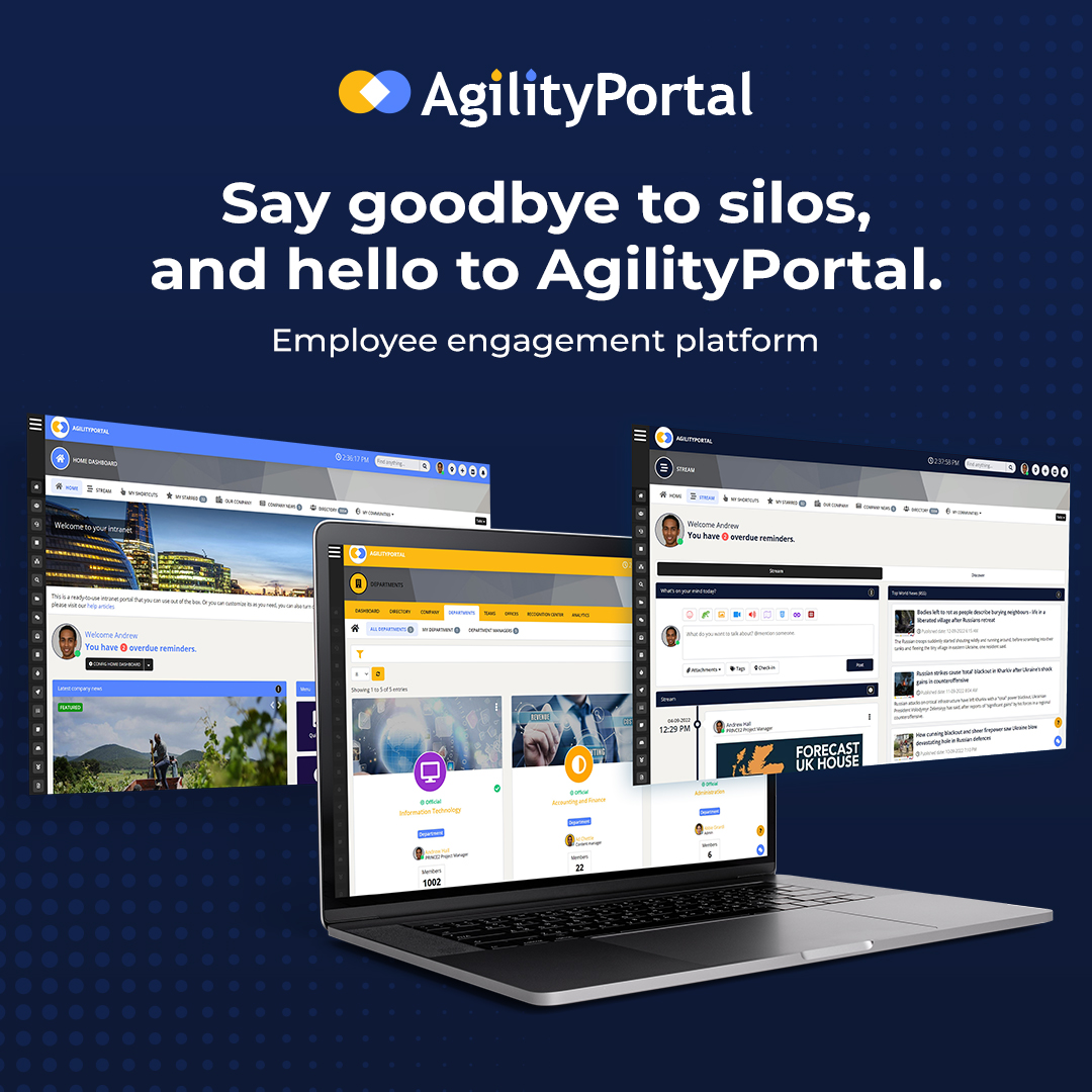 AgilityPortal's tweet photo. The employee app that keeps your team  informed, talking, and breaks silos.  Try it now free https://t.co/memvTPuo6O...
AgilityPortal is an employee experience platform that engages every employee. #intranet #internalcommunications #employeeengagement #digitalworkplace https://t.co/EU5Pah6Y4F