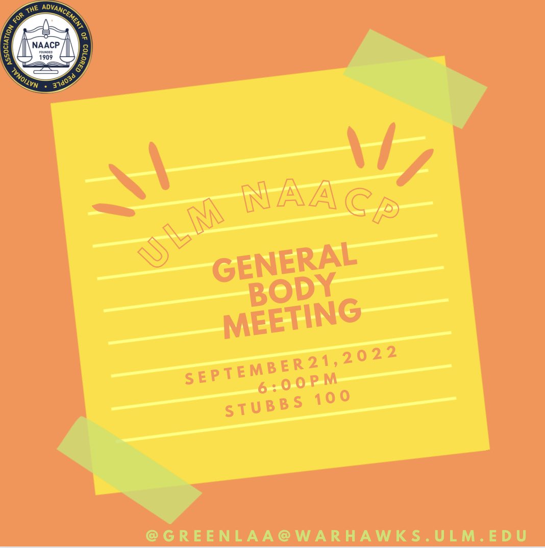 🚨Good afternoon! 🚨

Our next general body meeting will be held 9/21/22 6:00pm!

Hope to see you there. 🫶🏾