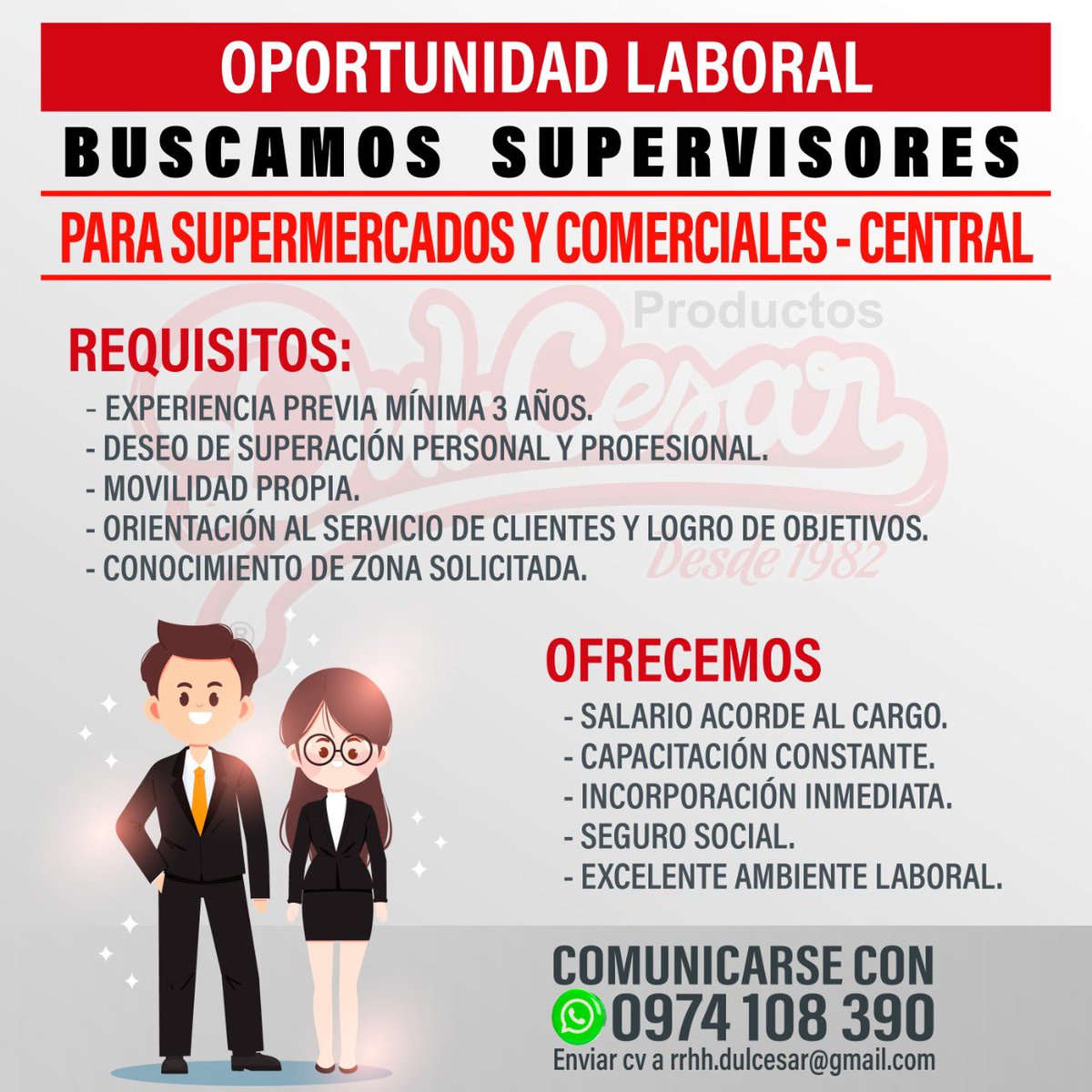 DulCesarPy's tweet photo. Forma parte de la familia Dul-Cesar ☺️
Buscamos supervisores, envianos tu CV o comparti la publicación para ayudarnos y que llegue a la persona indicada 💪🏻
#OportunidadLaboral #TrabajoPy https://t.co/KerRucdl9d