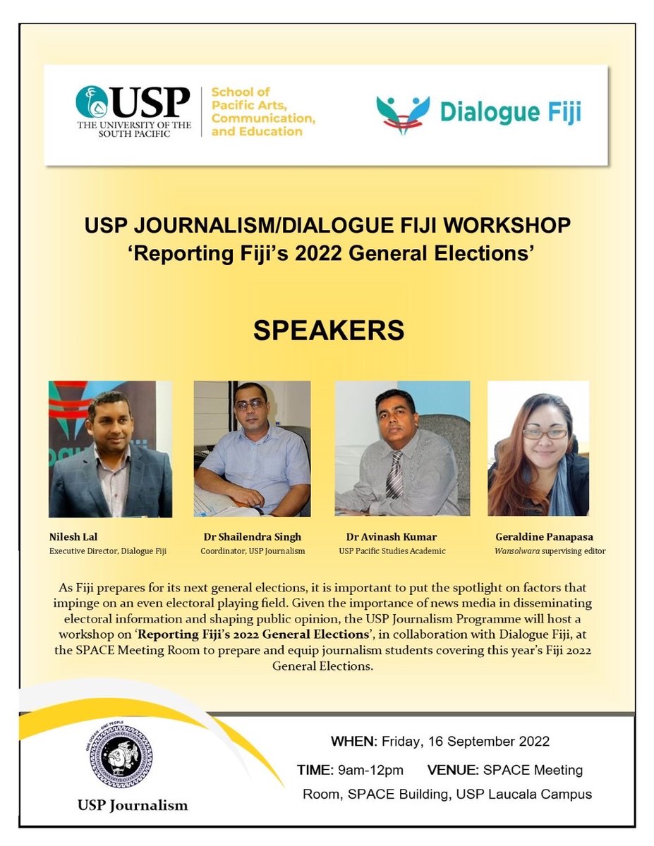 Fiji election date yet to be announced but work to prepare student team for their biggest assignment must go on. Workshop topics: - Fiji’s electoral system. - Past Lessons: content analysis of 2018 election coverage. - Why do elections matter? - Nuts&bolts of election coverage.