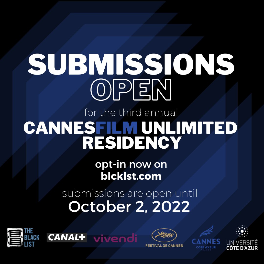 theblcklst's tweet photo. Submissions are OPEN for the 2023 #Cannes Writers Residency! 

18 writers will be selected to develop a film or TV pitch throughout the Residency, with six headed to the 2023 Cannes Film Festival!

Learn more about the program requirements and submit here: https://t.co/IKMj1lBLet https://t.co/c05Fmhtt54