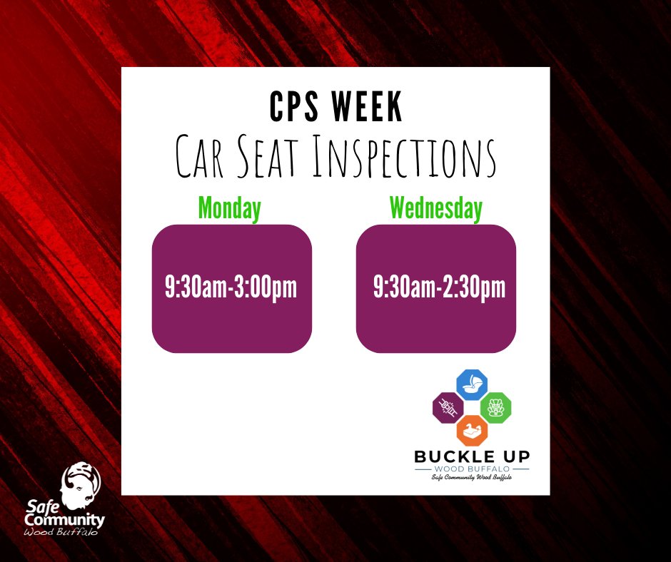 SafeCommunityWB's tweet image. Each inspection done durning CPS Week will receive 1 entry per carseat for the giveaway!  sign up and get those car seats checked while also giving yourself an extra chance to win!
app.acuityscheduling.com/schedule.php?o…
#protectingourfuture #buckleupwoodbuffalo #CPSWeek2022 #CPSWeekymm