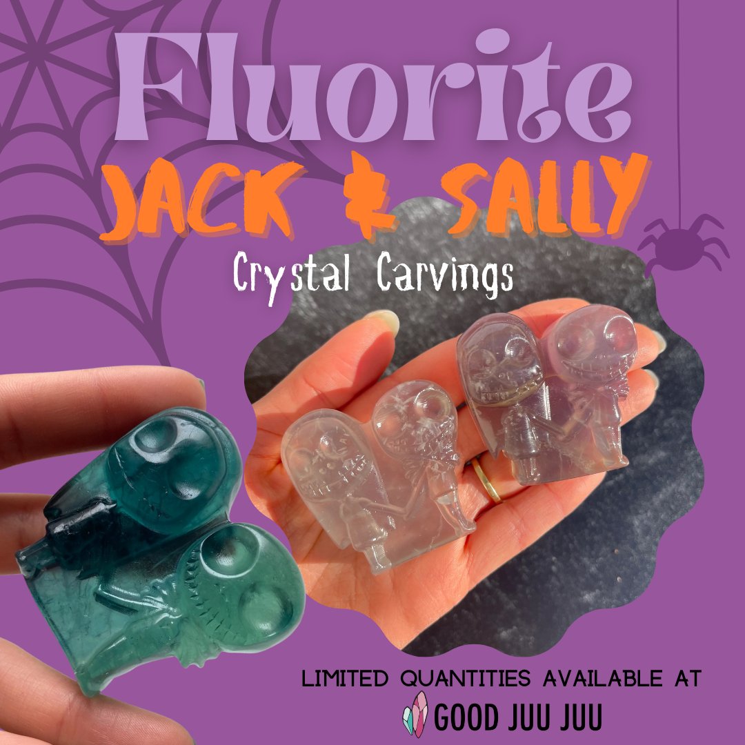 Fluorite Jack & Sally Crystal Carvings 👫💀 ✨ Limited Quantities available now in our Spooky Crystal Collection (link in thread)