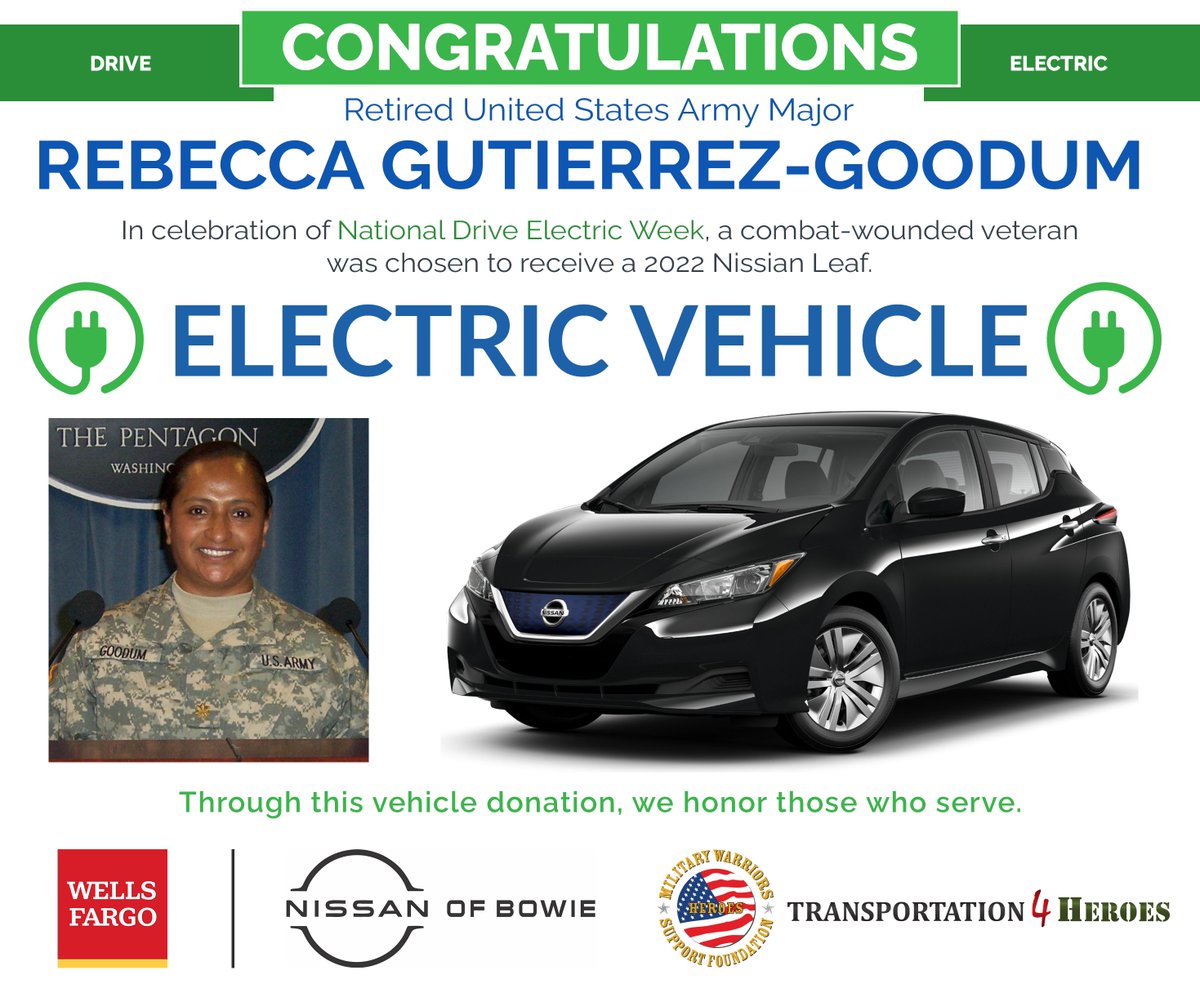 On Sep 17 in Poolesville at the <a href="/pluginamerica/">Plug In America</a> National <a href="/DriveElecEvents/">Drive Electric Events</a> a #USArmy #CombatWoundedVeteran will be presented a 2022 Nissan Leaf through our #Transportation4Heroes program in collaboration with <a href="/WellsFargo/">Wells Fargo</a> &amp; Nissan of Bowie to help her get #BackontheRoad. #NDEW2022