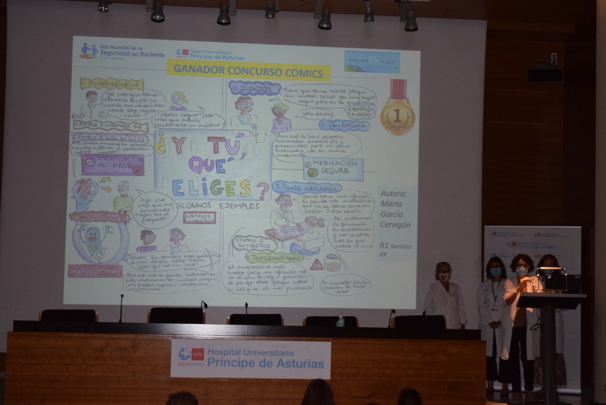 Martamaciasm's tweet photo. Hoy hemos celebrado en el  #hospitalprincipedeasturias el #DiaMundialDeLaSeguridadDelPaciente con una Jornada con el lema #medicacionsindaño. Isabel, Chelo y Noelia nos han explicado los avances en seguridad y enhorabuena a la ganadora del  Concurso de Comics, Marta García. https://t.co/Vp0oP5gmOP