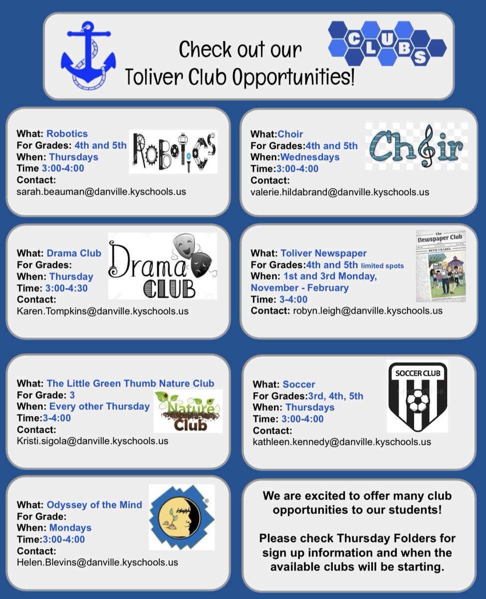 We are very excited to offer clubs to our students this school year. Here is a list of up and coming clubs! Please be checking Thursday take home folders for sign up info and start dates!