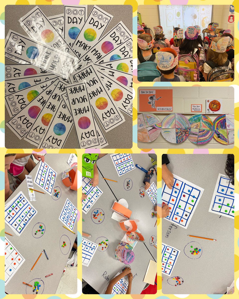 MrsWolfeinFirst's tweet photo. Today my firsties and I celebrated #InternationalDotDay. We made dot headbands, collaborated to make our own giant dots, got special Dot Day bookmarks, &amp; used extra tasty dots to practice fluency with teen numbers. @GallberryFarm @peterhreynolds #MakeYourMark #teachersoftwitter https://t.co/lhRKBygV8U