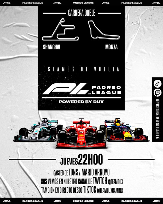 Comienza la <a href="/PadreoLeague/">Padreo League by DUX</a>.
Shanghái🇨🇳 y Monza🇮🇹.

¿Cuántos acabarán la carrera?

🎙️<a href="/Arroyo_F1/">Mario Arroyo</a> &amp; @iFons_ 
🟪twitch.tv/teamdux
🔲tiktok.com/@teamduxgaming