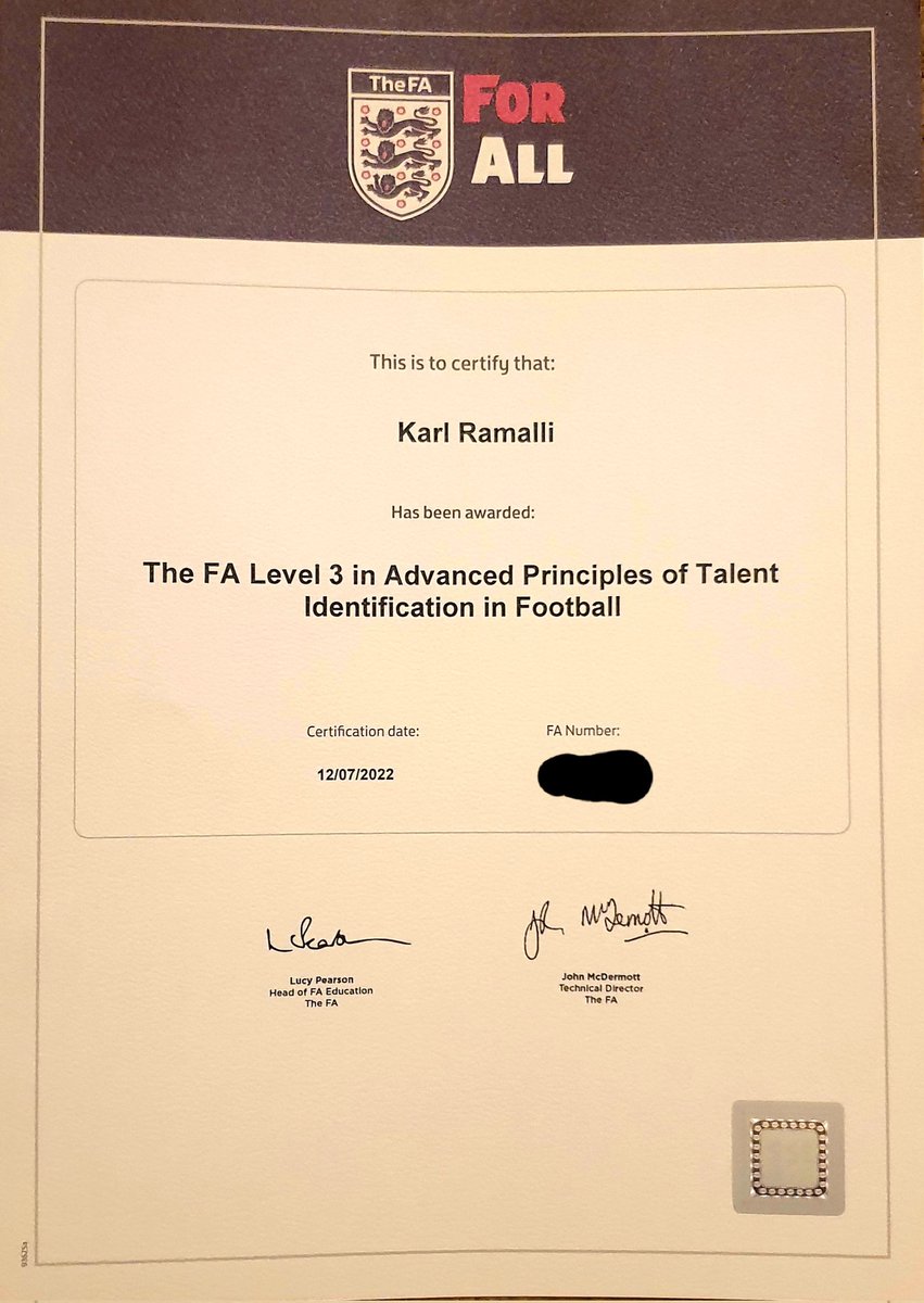 Delighted to have passed FA Talent ID 3 officially today - and delighted to put this into practice - thank you for the support of friends and family,  both scouting and non scouting ❤🤍🖤