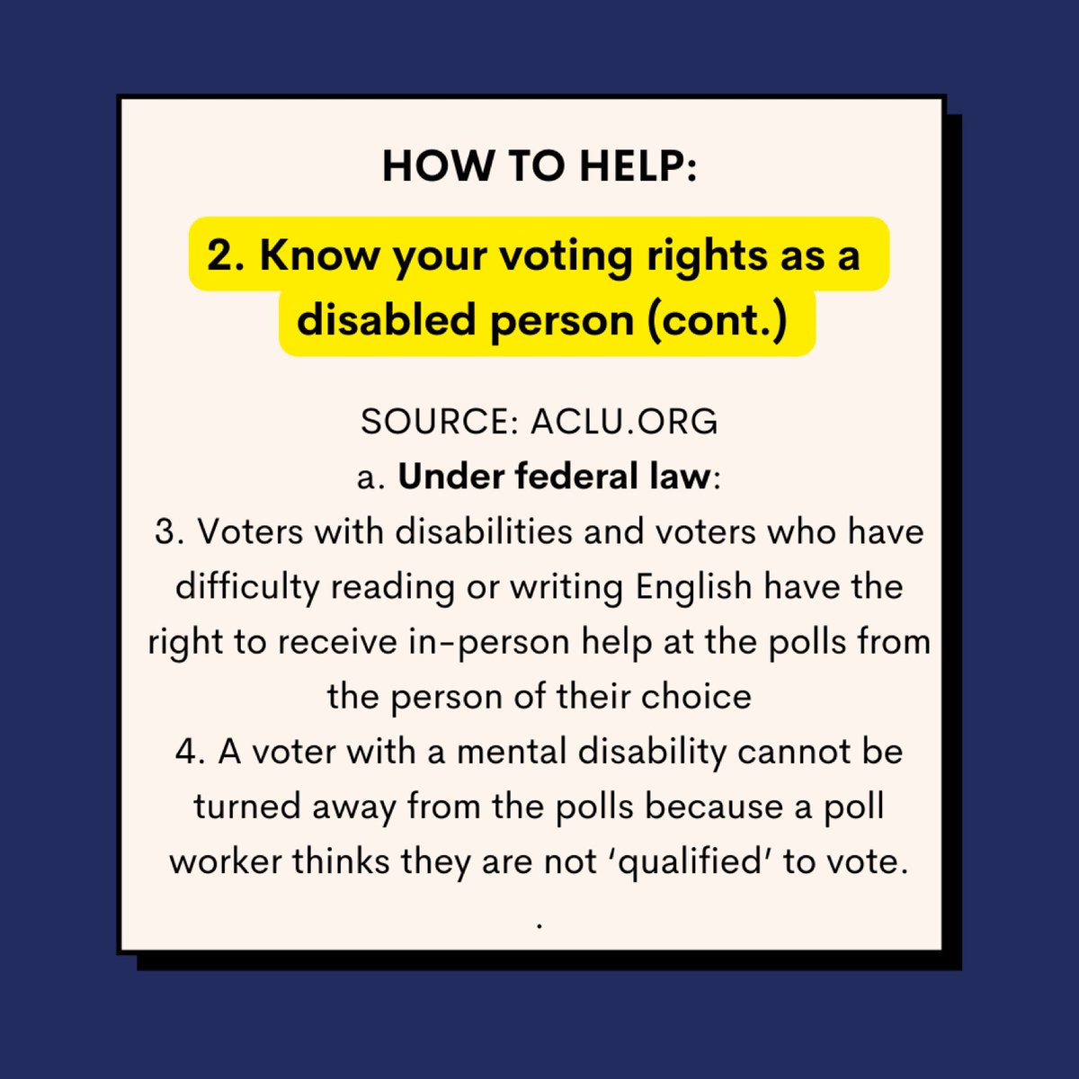 Know your voting rights as a disabled person under federal law. #DVRW #DisabilityVote #CripTheVote #RevUp