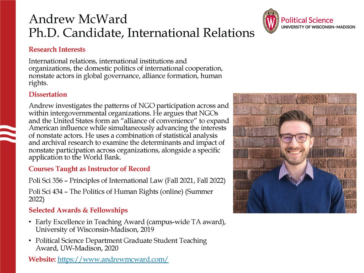 We have 8 fantastic graduate students and 6 recent grads on the job market this year! This week we’re featuring Ph.D. Candidate Andrew McWard. You can find all of our job market candidates on our website: polisci.wisc.edu/job-market-can…