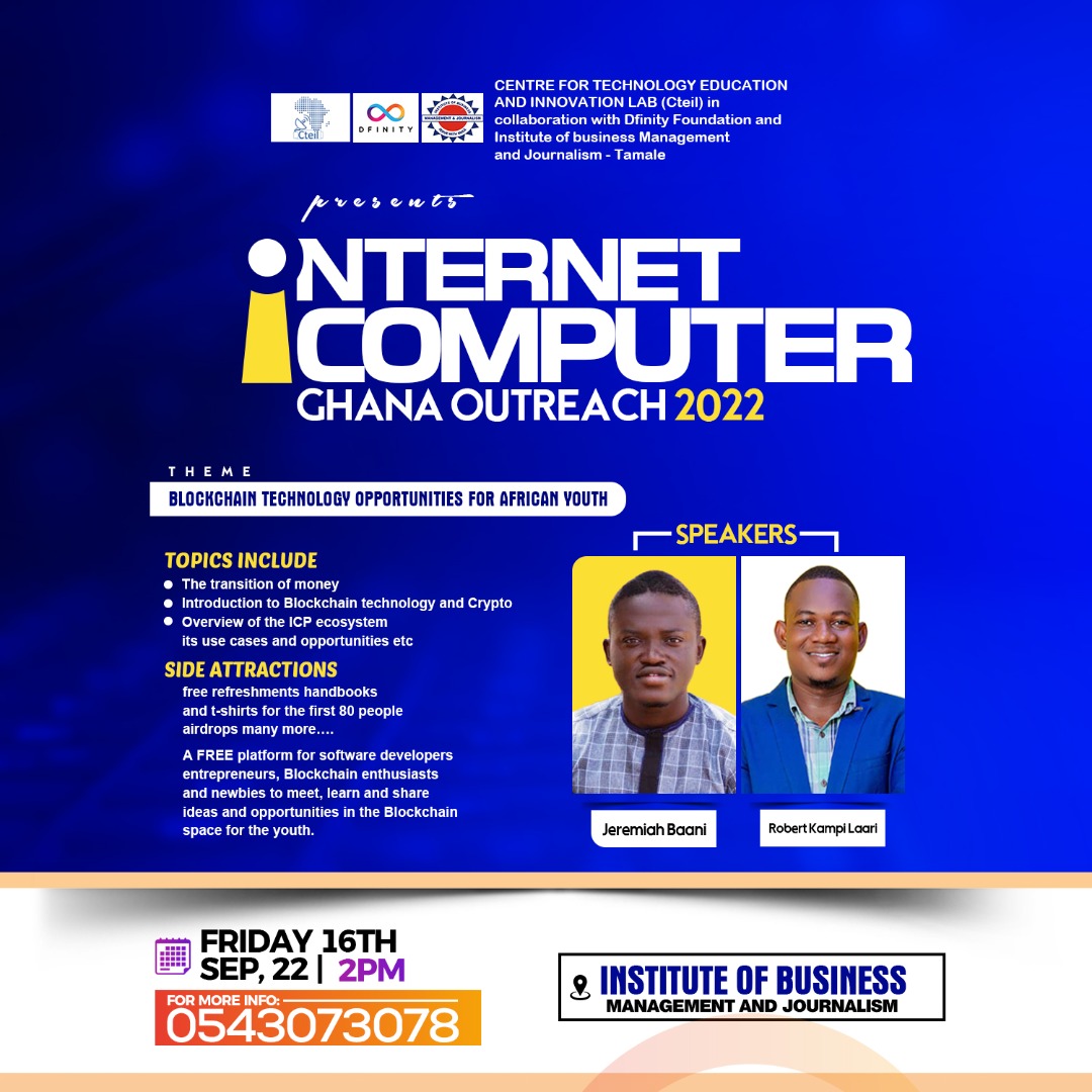 cteil_gh's tweet photo. Hi Community!!!...The Ghana #Dfinity team,  @cteil_gh presents yet another major event at the school of Journalism in Tamale. Stay tuned for more updates...like and follow our page for more updates from  ICP Africa 😊... @DfDfinity @ICPSquad @BitcoinBros26 https://t.co/MEl2J44LuZ