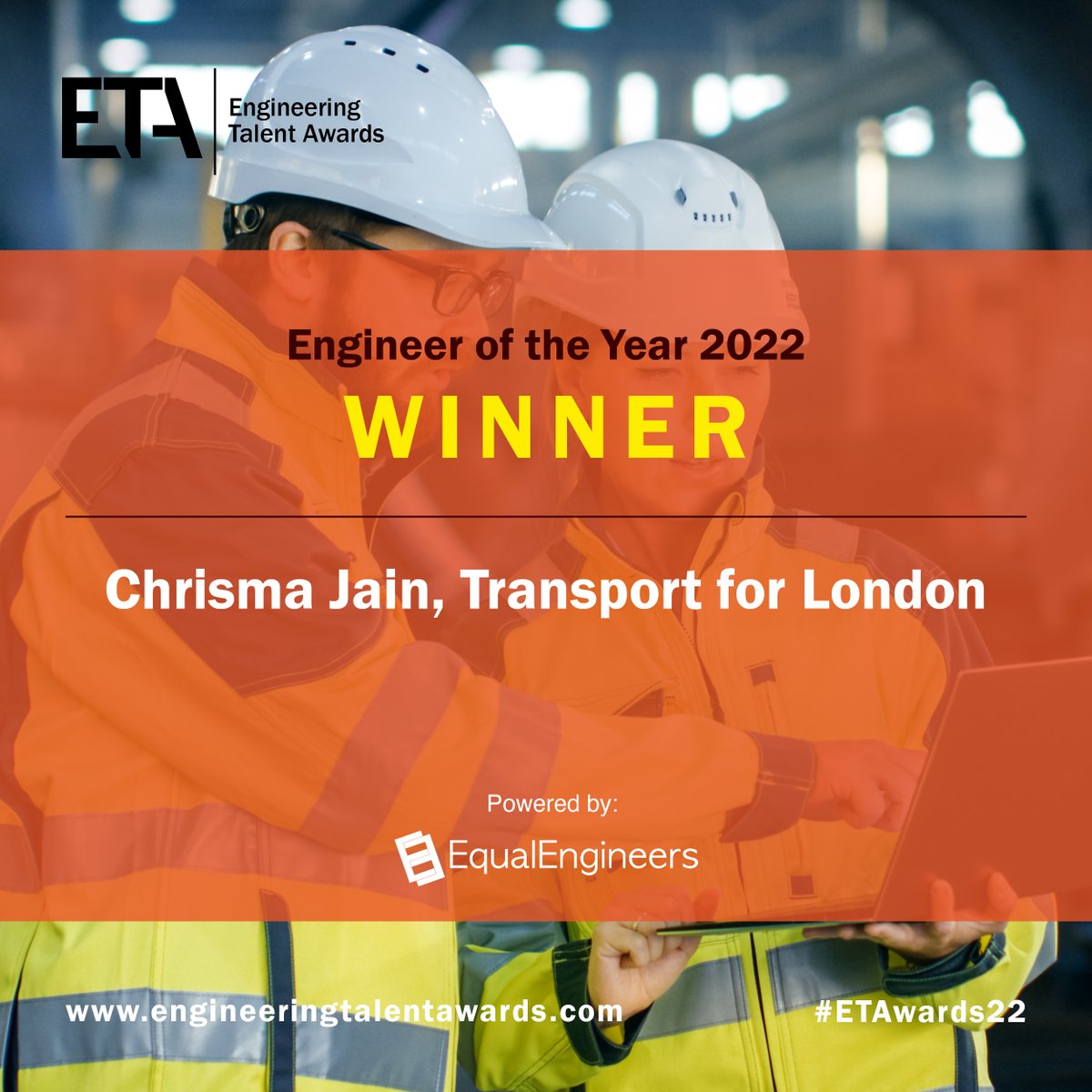 Our first winner of the evening is Chrisma Jain, Transport for London! Congratulations Chrisma on winning Engineer of the Year #ETAwards22