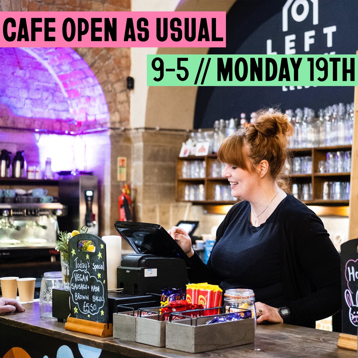 Hey friends, we have decided to open on Monday so we can continue to support our community &amp; the groups that meet here at Left Bank. 

For anyone not wanting to watch the Queens funeral alone at home, we will have a cosy corner set aside for people to come and watch together ❤️