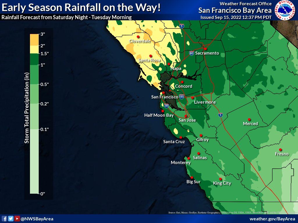 An early season storm system remains on track to bring widespread rainfall to the Bay Area and Central Coast from late this weekend into early next week. Stay up-to-date with the latest information as we fine-tune the forecast in the days ahead. #CAwx #BayAreaWX #CArain