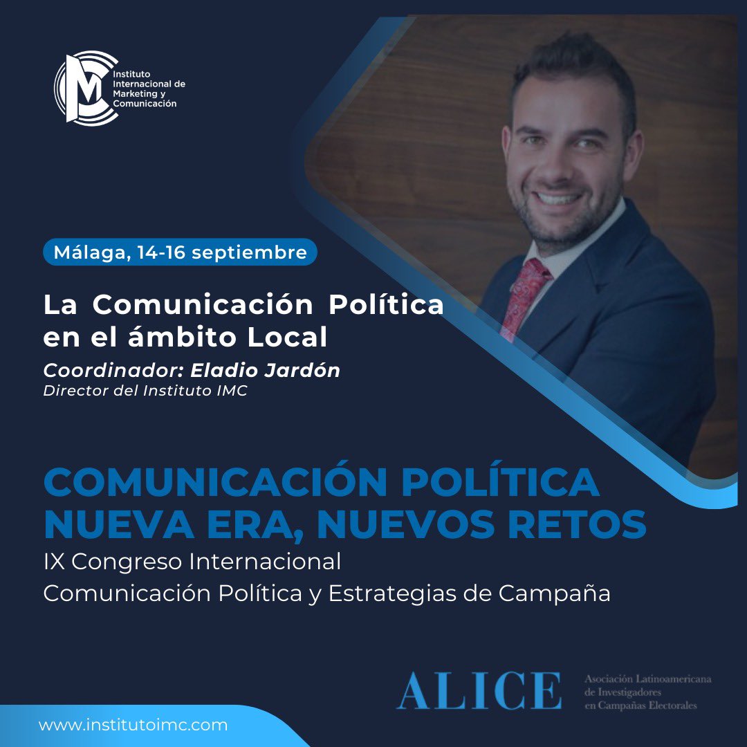 🏛🗣Más de 300 ponentes en 44 mesas para hablar de #compol en el IX Congreso de Comunicación Política y Campañas Electorales organizado por <a href="/ALICE_compol/">ALICE | Comunicación Política</a>. Mañana nuestro director <a href="/EladioJardon/">Eladio Jardón</a> coordinará la mesa sobre comunicación política en el ámbito local. 
🎓👉🏼 <a href="/InfoUMA/">Universidad de Málaga</a>
