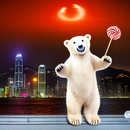 Guiding Stable Diffusion with our CLIP H: 'Professional HDR photo of a polar bear holding a lollipop on a rooftop in Hong Kong looking up at a UFO in the night sky. A UFO flies above the polar bear. The polar bear holds a lollipop on a rooftop. The background shows Hong Kong.'