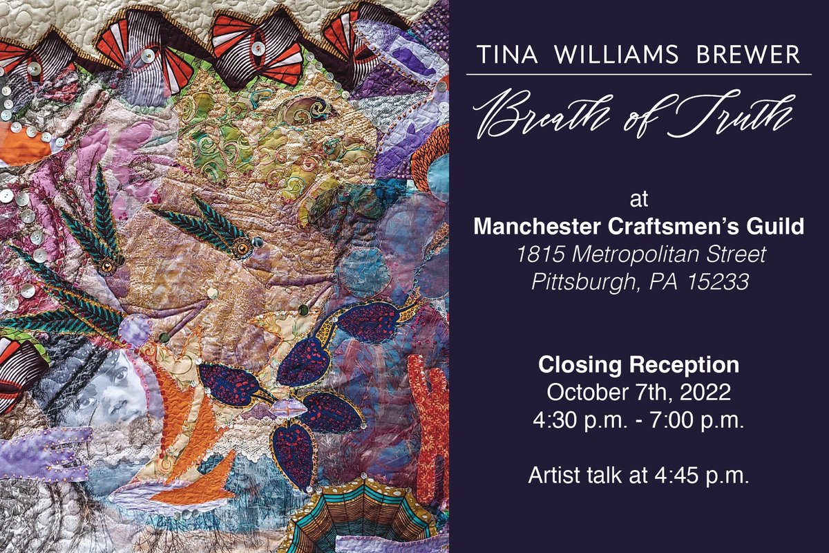MCGYouth's tweet photo. Join us on October 7, 2022 for the closing reception of Tina Williams Brewer's (@tinabrewerdesigns) 'Breath of Truth' in Manchester Craftsmen's Guild's Kerr Gallery. 

To view our digital gallery of the exhibition, click here: https://t.co/06WplMAT9K https://t.co/qX32NQCiUj