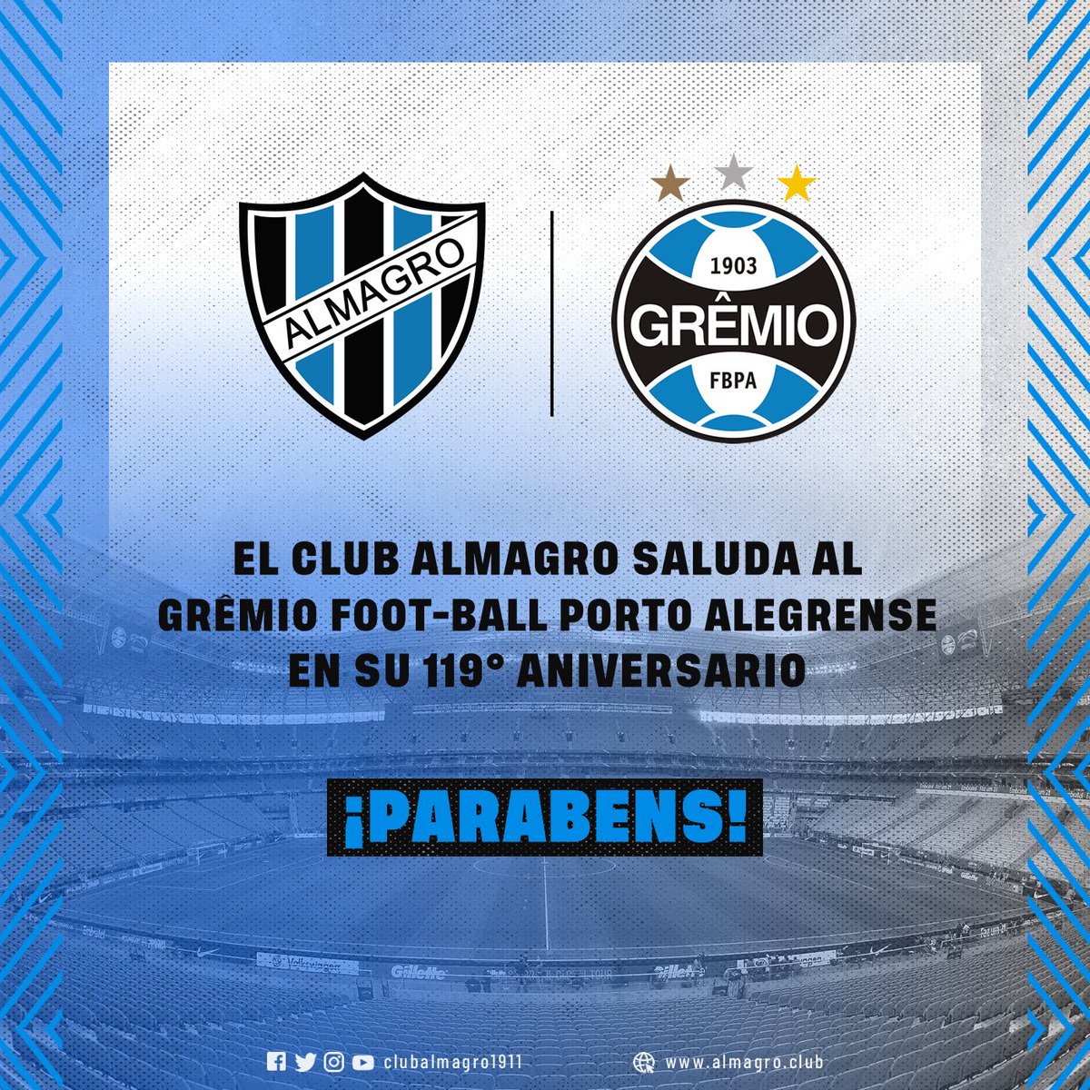 almagroficial's tweet photo. El Club Almagro saluda al Grêmio Foot-Ball Porto Alegrense en su 119º aniversario.

¡𝙋𝙖𝙧𝙖𝙗𝙚́𝙣𝙨, @Gremio! 🇪🇪🤝🏼 https://t.co/dWwcCp2Gjk