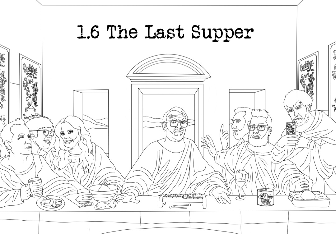 NCcolouring's tweet image. Day 6. Last episode of Season One: #TheLastSupper. Is this blasphemous? Hope not 🙈😅. Several Easter eggs if you care to zoom. #Taskmaster #TaskmasterUK #ArtSubmission #AlexHorne #PowerfulArt #UmBongo #Xylophone
