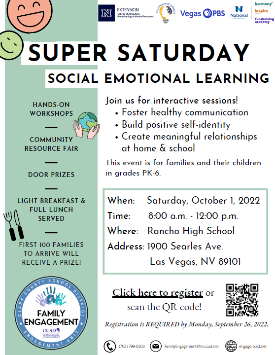 CCSDFamily's tweet photo. 📢 K-6 families, join us for SUPER SATURDAY! Come participate in fun sessions all about social emotional learning.
🌟 Interactive workshops
🌟 Community resources
🌟 Free lunch
🌟 Prizes and raffles
Registration is required. REGISTER HERE > https://t.co/uwxuxT4wwn
#SELSummit https://t.co/ermsNlAmCM