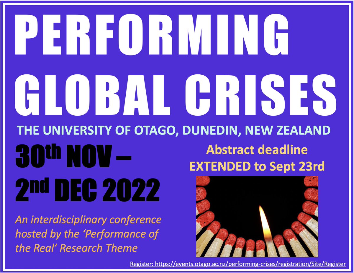 I'm helping to organise this interdisciplinary conference. Last year's one (bringing together people from social sciences, education, theatre, music, dance, &amp; more) was wonderful. 

We just extended our deadline for abstracts. Questions welcome!

otago.ac.nz/performance-of…