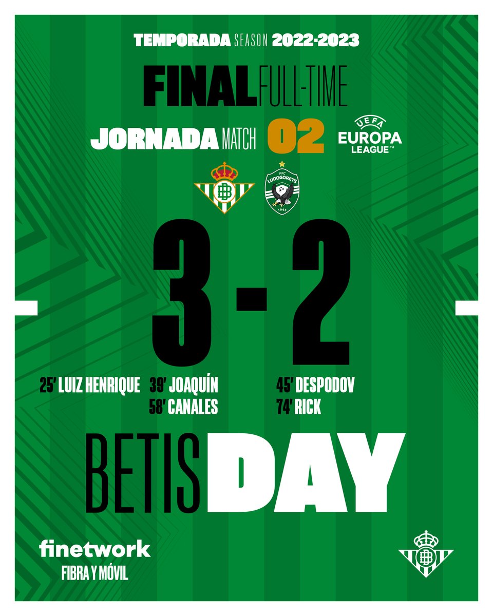 95’ ⏱⚽ ¡¡FINAAAAAAL!! 👏👏 ¡Final del partido con victoria verdiblanca! 😊💃 💚🖤 #RealBetisLudogorets 3-2 🟢🟢 #DíaDeBetis #EuroBetis