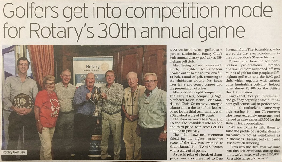 Simon Edmands (@simonedmands) on Twitter photo Many thanks to <a href="/surreymirror/">Surrey Mirror</a> for the excellent write-up about <a href="/LHRotary/">Leatherhead Rotary</a>ās recent #Charity #Golf Day at <a href="/EffinghamGolf/">Effingham Golf Club</a> in aid of <a href="/TheBHF/">British Heart Foundation</a> ā¤ļø
#Leatherhead #Rotary #PeopleOfAction Many thanks to <a href="/surreymirror/">Surrey Mirror</a> for the excellent write-up about <a href="/LHRotary/">Leatherhead Rotary</a>ās recent #Charity #Golf Day at <a href="/EffinghamGolf/">Effingham Golf Club</a> in aid of <a href="/TheBHF/">British Heart Foundation</a> ā¤ļø
#Leatherhead #Rotary #PeopleOfAction