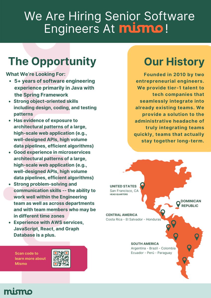 MMacarenaCabral's tweet image. Mismo is Hiring LatAm #JavaEngineers for one of our US clients!
If you're interested: email hiring@mismo.team with the subject "Opening: Java"
#Java #springboot #SoftwareEngineer #programmer #programmingmemes