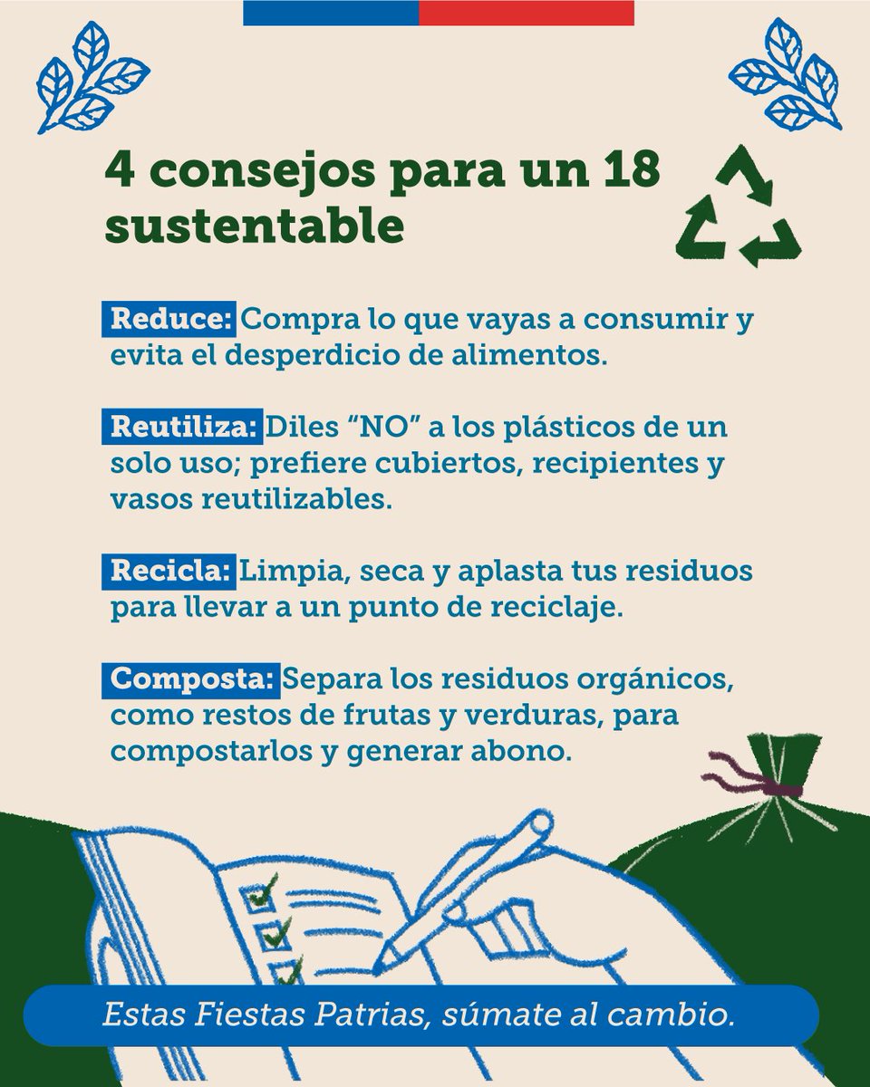 En estas #FiestasPatrias, celebremos de manera responsable.
Reduce, reutiliza, recicla y composta por un Chile sustentable. 🇨🇱🌱