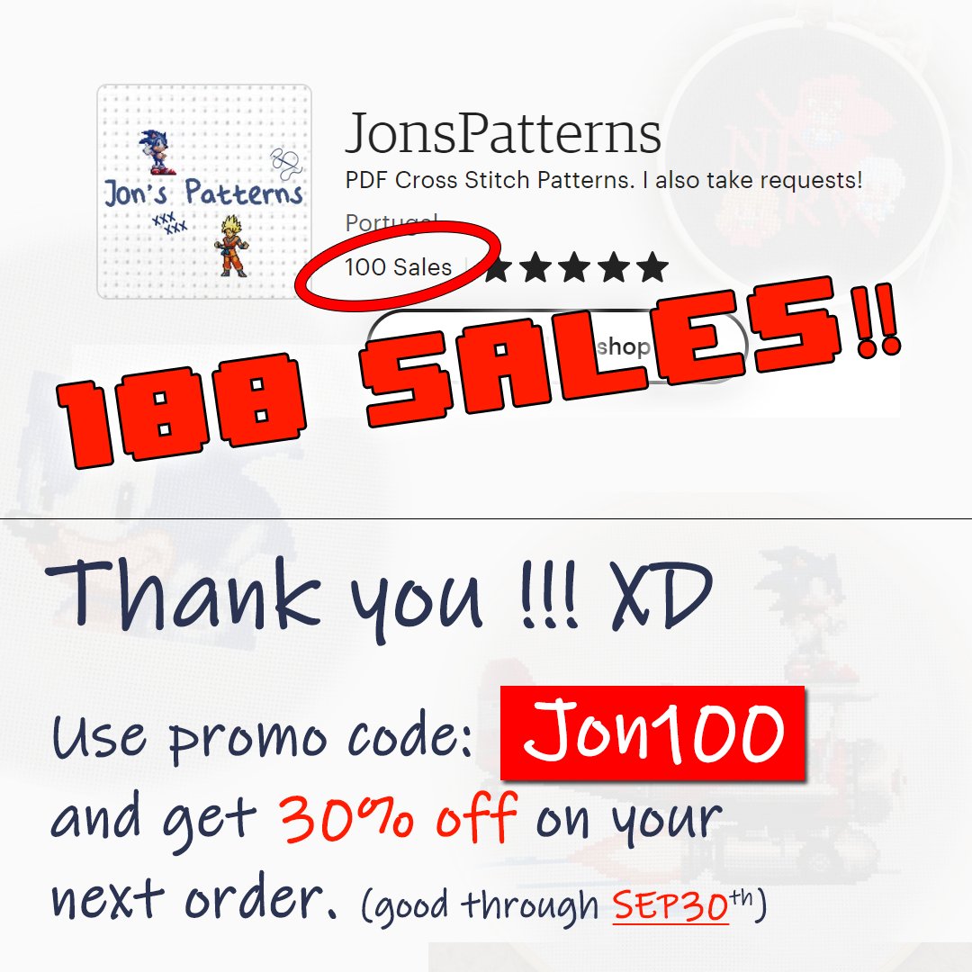 JonsPatterns's tweet image. 100 Sales!!! Thank you all so much!! 🥰
All my patterns will be 30% off until the end of September. Just use promo code JON100 when placing your order.
Keep stitchin'! 🖤
#jonspatterns #etsyshop #etsyseller #crosstitchers #etsyfinds #tolkien #sonic #monkeyisland #retro #gaming
