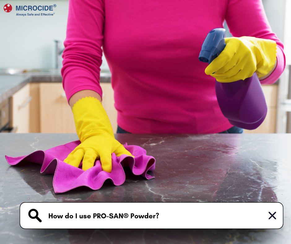 microcide's tweet image. The entire PRO-SAN® powder institutional pouch (makes abt 8 gallons w/ tap water) needs to be used at the same time. (Ingredients may separate.) Immerse fruits + vegetables in PRO-SAN® solution for at least 1 minute, then rinse w/ water. #biodegradable #biobased #ecofriendly #faq