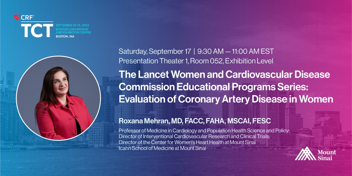 .@Drroxmehran will be moderating @TheLancet Women and #CVD Commission Educational Programs Series: Evaluation of Coronary Artery Disease in Women discussion tomorrow at 9:30 am ET. Learn more: mshs.co/3DoxGBK #TCT2022 #CardioTwitter @crfheart @TCTConference